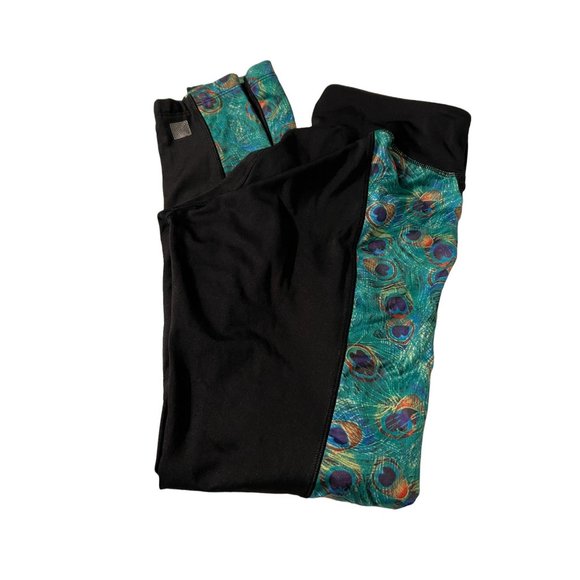 Lularoe Black Yoga Leggings pants Black Peacock Feather strips outside leg Size - Picture 3 of 4